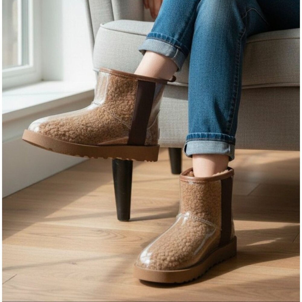 Clear Shearling-Lined Ankle Boots With Brown Trim & Rubber Sole For Women - Picture 7 of 11